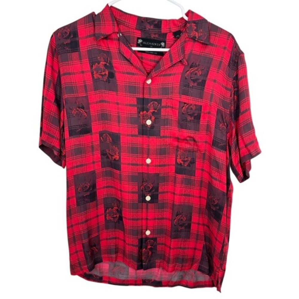 ALLSAINTS Red Plaid Flowy Shirt Red‎ Plaid Rose Print Short Sleeve NWT Going Out